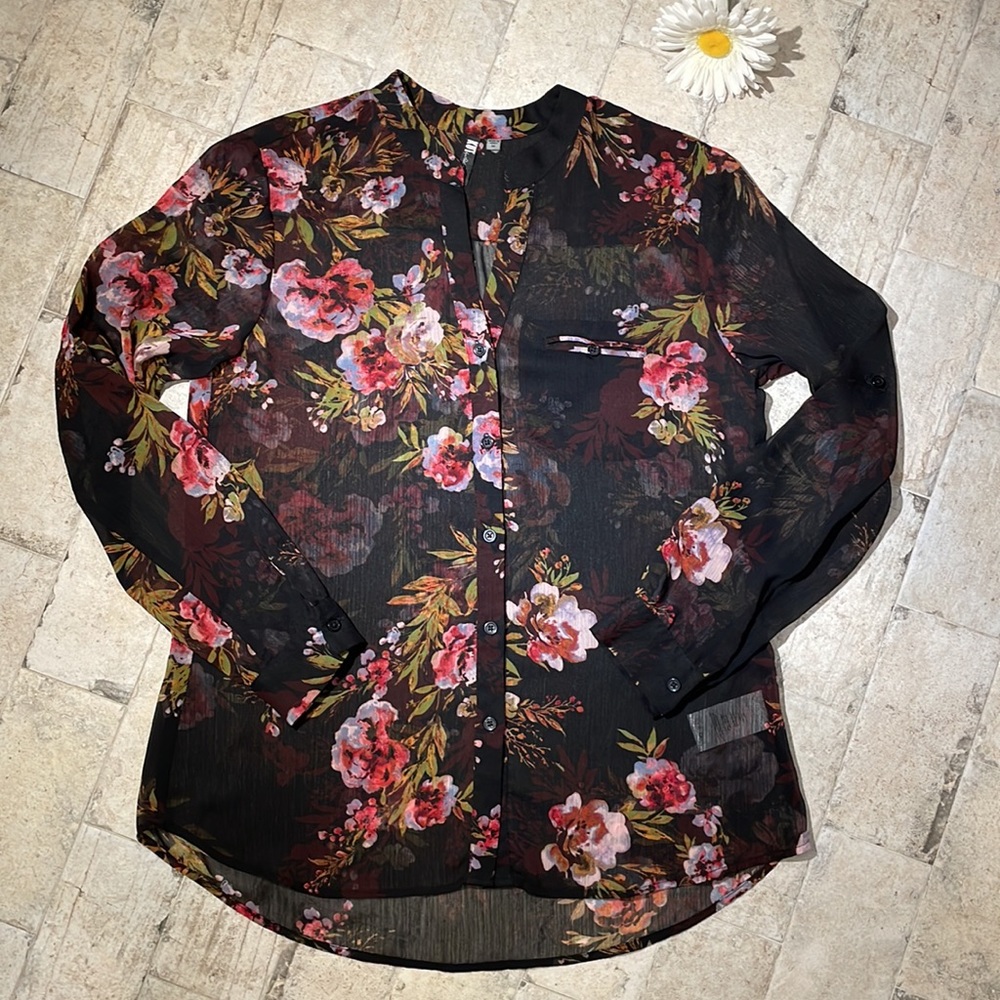 Kut from the Kloth sheer black floral button front blouse. Size M
